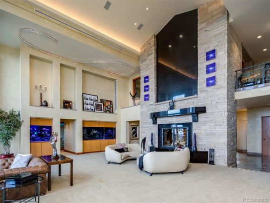 Fireplace, Interior, Living room, Recessed Lighting, Stone Walls