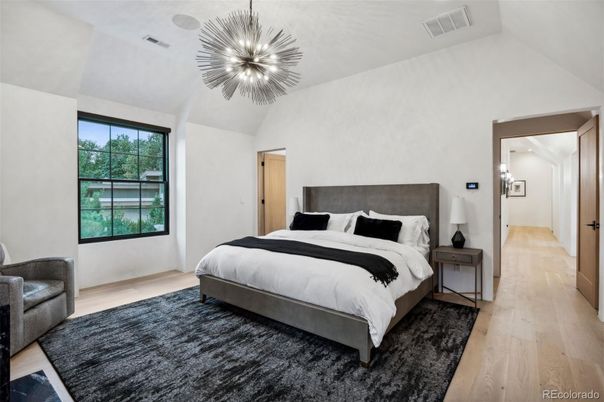 Bedroom, Interior, Pendant Lights, Wood Texture Flooring