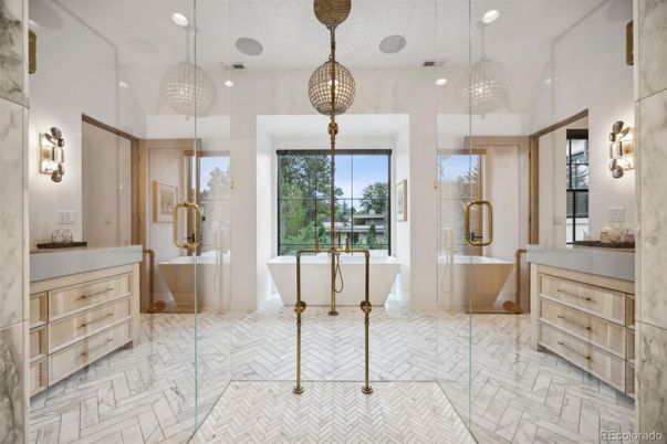 Bathroom, Free Standing Baths, Glass Shower, Interior, Marble, Pendant Lights, Recessed Lighting