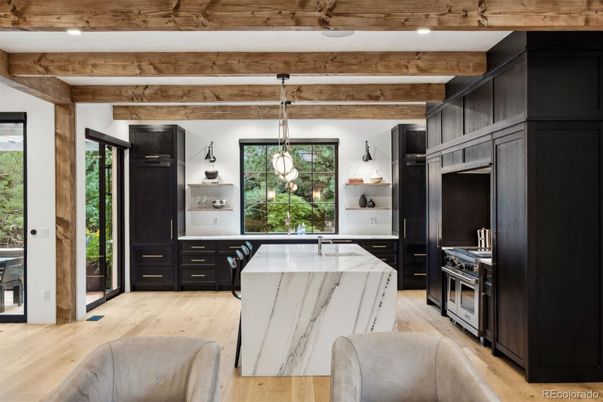 Interior, Kitchen, Pendant Lights, Recessed Lighting, Wooden Beams, Wood Texture Flooring