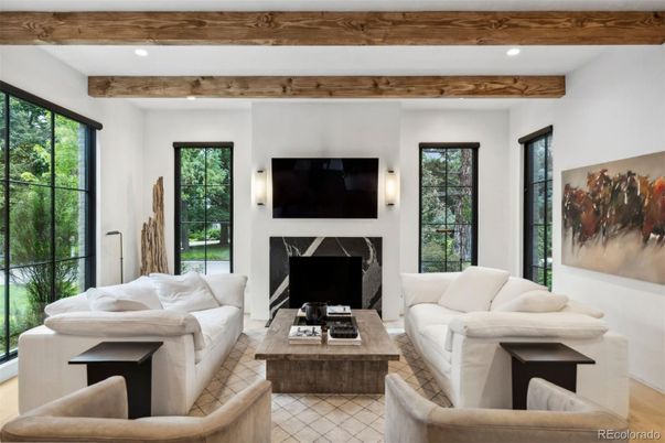 Fireplace, Interior, Living room, Recessed Lighting, Wooden Beams