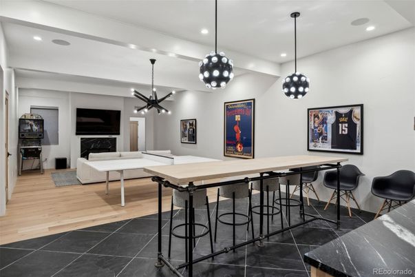 Billiard Table, Fireplace, Game Room, Interior, Living room, Pendant Lights, Recessed Lighting, Wood Texture Flooring