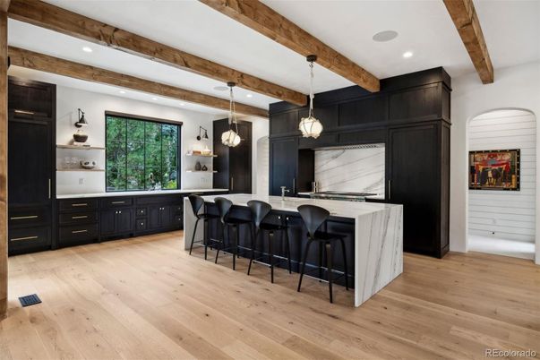 Interior, Kitchen, Pendant Lights, Recessed Lighting, Wooden Beams, Wood Texture Flooring