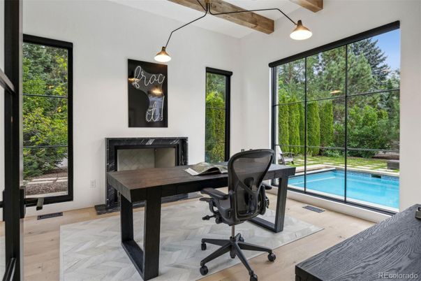 Fireplace, Home Office, Interior, Pool, Wooden Beams, Wood Texture Flooring
