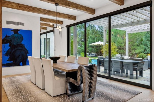 Dining room, Interior, Pendant Lights, Recessed Lighting, Wooden Beams, Wood Texture Flooring