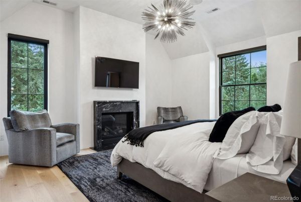 Bedroom, Fireplace, Interior, Pendant Lights, Wood Texture Flooring