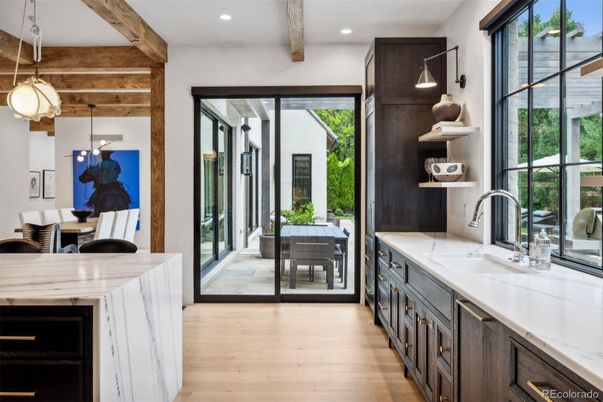 Interior, Kitchen, Pendant Lights, Recessed Lighting, Wooden Beams, Wood Texture Flooring