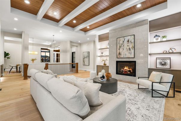 Dining room, Fireplace, Interior, Living room, Pendant Lights, Recessed Lighting, Wooden Beams, Wooden Ceilings, Wood Texture Flooring