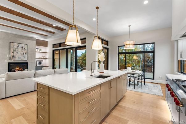 Dining room, Fireplace, Interior, Kitchen, Living room, Pendant Lights, Recessed Lighting, Wooden Beams, Wood Texture Flooring