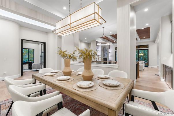 Dining room, Interior, Pendant Lights, Recessed Lighting, Wood Texture Flooring