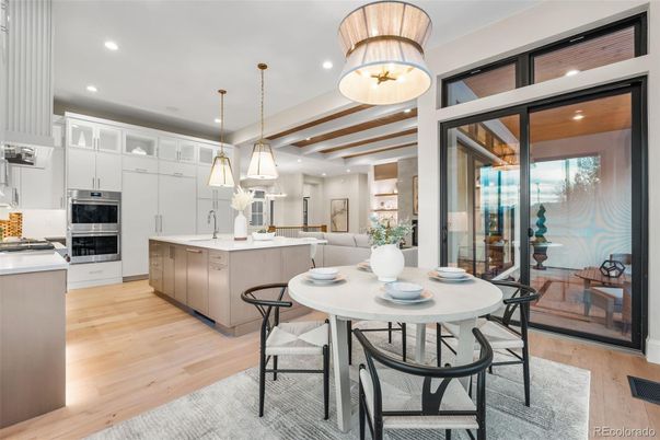 Dining room, Interior, Kitchen, Pendant Lights, Recessed Lighting, Stainless Steel Appliances, Wood Texture Flooring