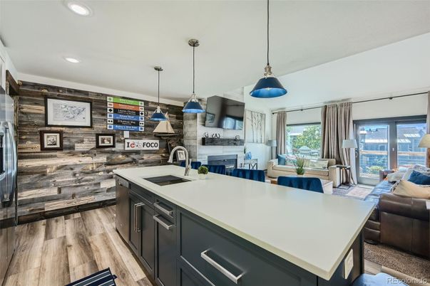 Interior, Kitchen, Pendant Lights, Recessed Lighting, Stone Walls, Wood Texture Flooring, Wooden Walls