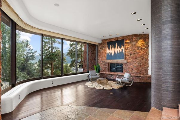 Fireplace, Interior, Recessed Lighting, Stone Walls, Wood Texture Flooring