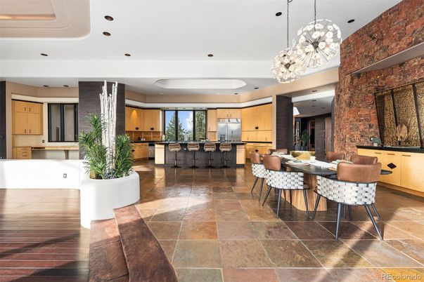 Dining room, Interior, Kitchen, Pendant Lights, Recessed Lighting, Stainless Steel Appliances, Stone Walls