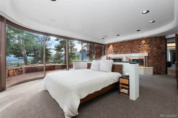 Bedroom, Fireplace, Interior, Recessed Lighting, Stone Walls
