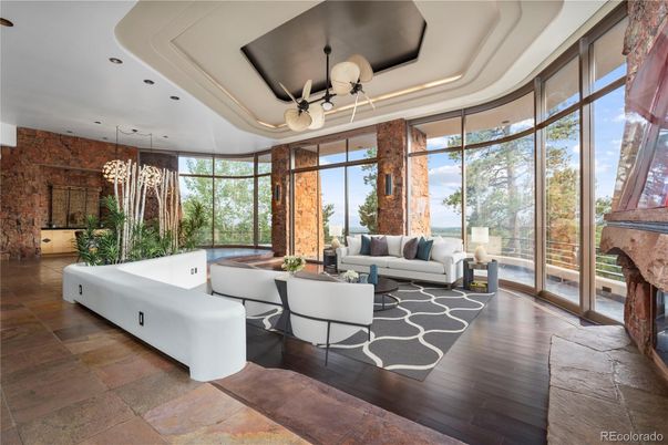 Interior, Living room, Pendant Lights, Recessed Lighting, Stone Walls, Wood Texture Flooring