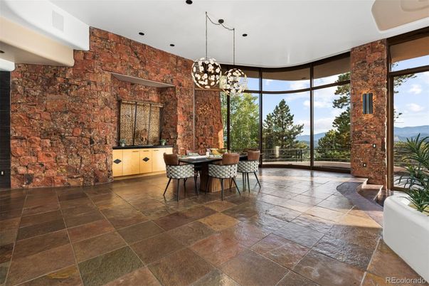 Dining room, Interior, Pendant Lights, Stone Walls