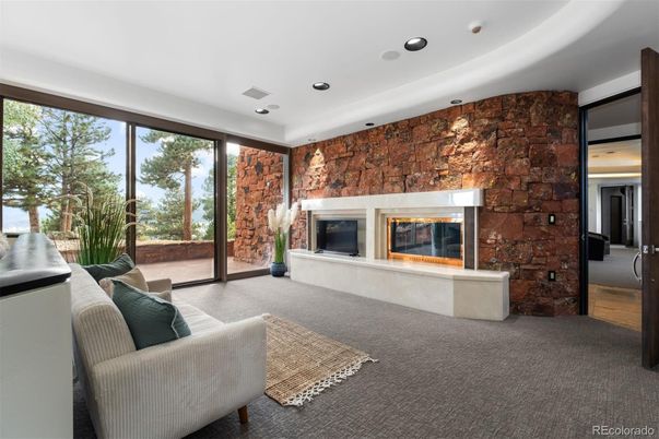 Fireplace, Interior, Recessed Lighting, Stone Walls