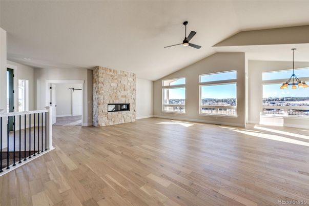 Empty room, Fireplace, Interior, Pendant Lights, Wood Texture Flooring