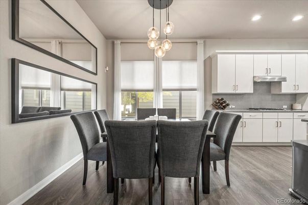 Dining room, Interior, Kitchen, Pendant Lights, Recessed Lighting, Wood Texture Flooring