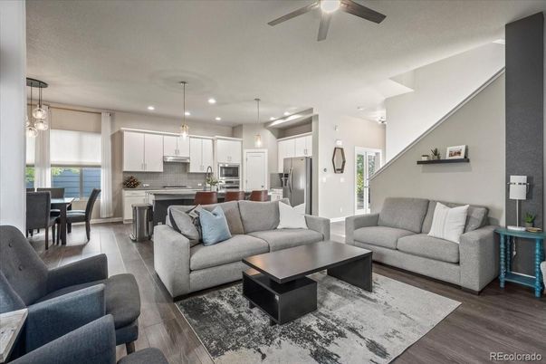 Dining room, Interior, Kitchen, Living room, Pendant Lights, Recessed Lighting, Stainless Steel Appliances, Wood Texture Flooring
