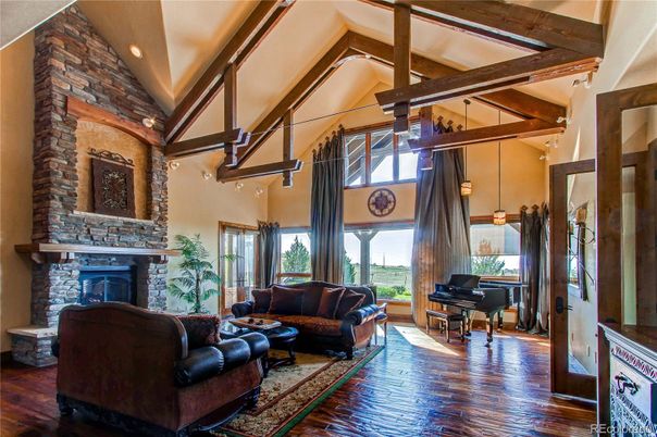 Fireplace, Interior, Living room, Pendant Lights, Piano, Stone Walls, Wooden Beams, Wood Texture Flooring