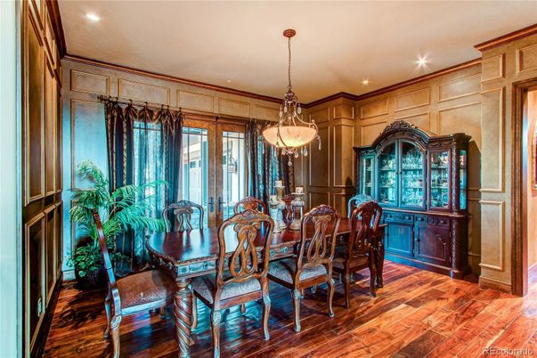 Dining room, Interior, Pendant Lights, Recessed Lighting, Wood Texture Flooring