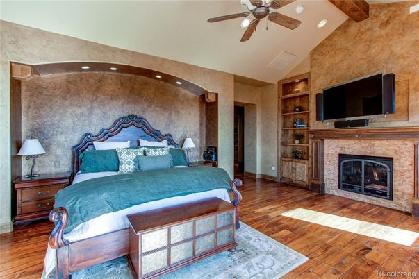 Bedroom, Fireplace, Interior, Recessed Lighting, Wooden Beams, Wood Texture Flooring