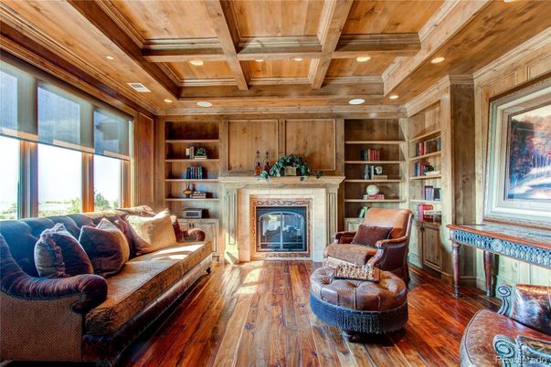 Fireplace, Interior, Living room, Recessed Lighting, Wooden Beams, Wooden Ceilings, Wood Texture Flooring, Wooden Walls