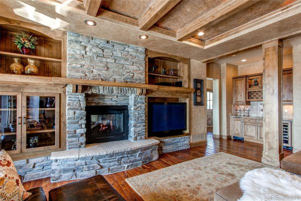 Fireplace, Interior, Recessed Lighting, Stone Walls, Wooden Beams, Wood Texture Flooring