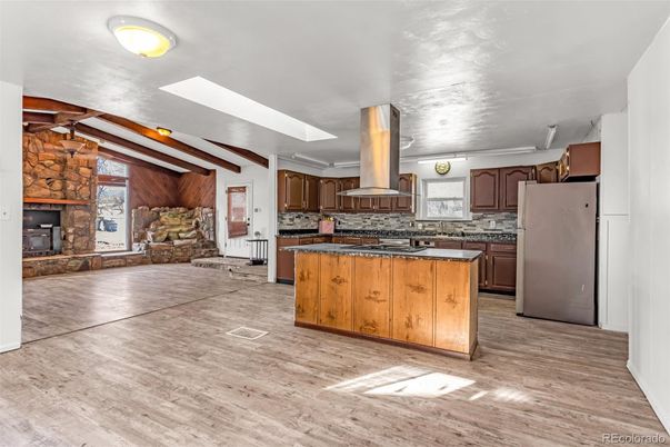 Fireplace, Interior, Kitchen, Stone Walls, Wood Texture Flooring