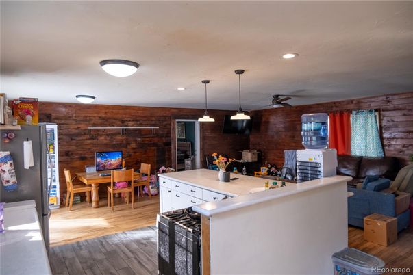 Dining room, Interior, Kitchen, Pendant Lights, Recessed Lighting, Wood Texture Flooring, Wooden Walls