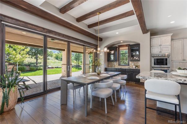Dining room, Interior, Kitchen, Pendant Lights, Recessed Lighting, Stainless Steel Appliances, Wooden Beams, Wood Texture Flooring