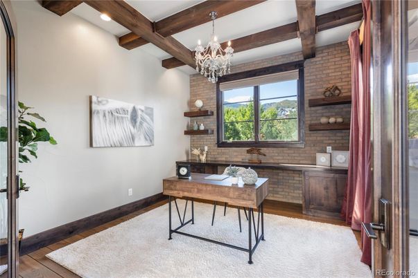 Chandelier, Home Office, Interior, Recessed Lighting, Stone Walls, Wooden Beams, Wood Texture Flooring