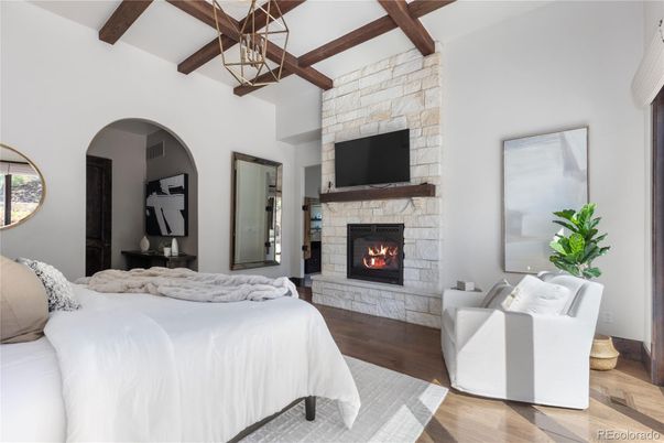 Bedroom, Fireplace, Interior, Pendant Lights, Wooden Beams, Wood Texture Flooring
