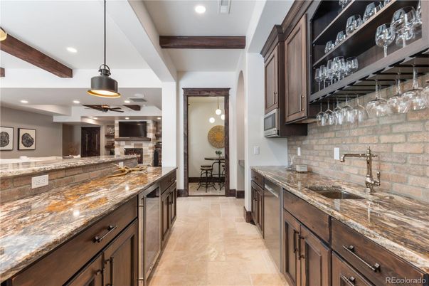Interior, Kitchen, Pendant Lights, Recessed Lighting, Stone Walls, Wooden Beams