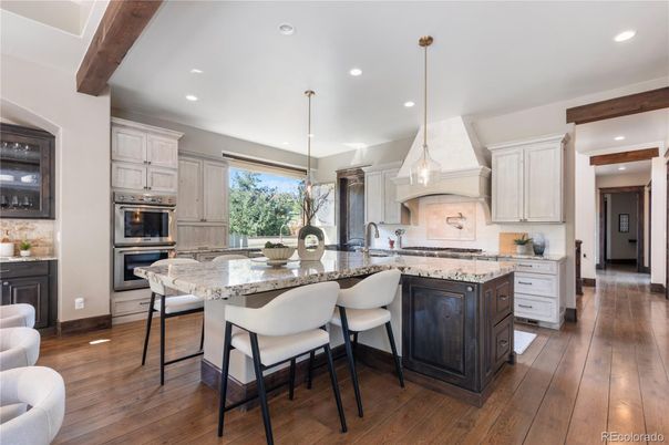 Interior, Kitchen, Pendant Lights, Recessed Lighting, Stainless Steel Appliances, Wooden Beams, Wood Texture Flooring