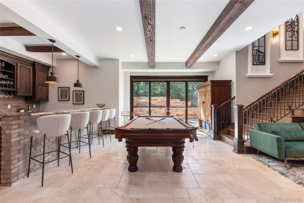 Billiard Table, Game Room, Interior, Pendant Lights, Recessed Lighting, Stone Walls, Wooden Beams