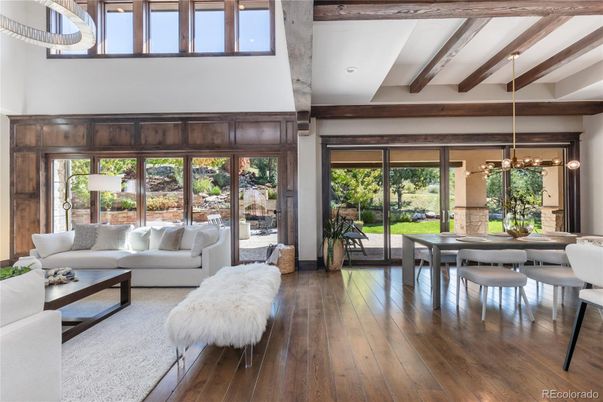 Dining room, Interior, Living room, Pendant Lights, Wooden Beams, Wood Texture Flooring