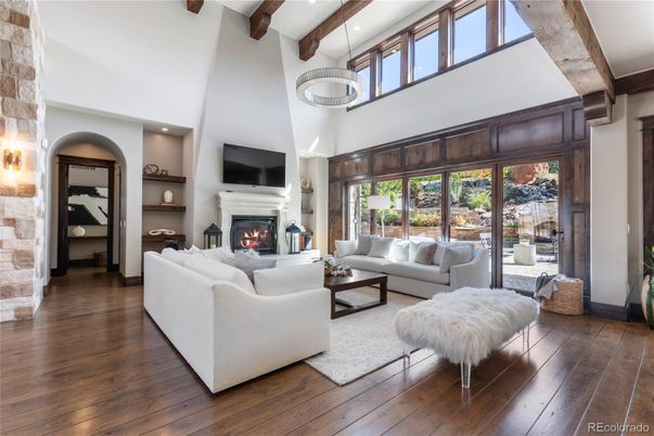 Fireplace, Interior, Living room, Pendant Lights, Recessed Lighting, Wooden Beams, Wood Texture Flooring