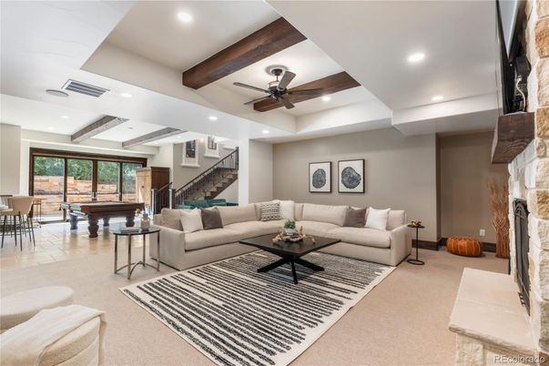 Billiard Table, Fireplace, Game Room, Interior, Living room, Recessed Lighting, Stone Walls, Wooden Beams