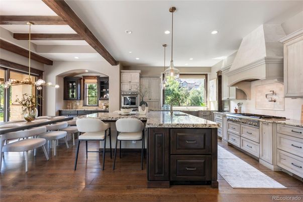 Dining room, Interior, Kitchen, Pendant Lights, Recessed Lighting, Stainless Steel Appliances, Wooden Beams, Wood Texture Flooring