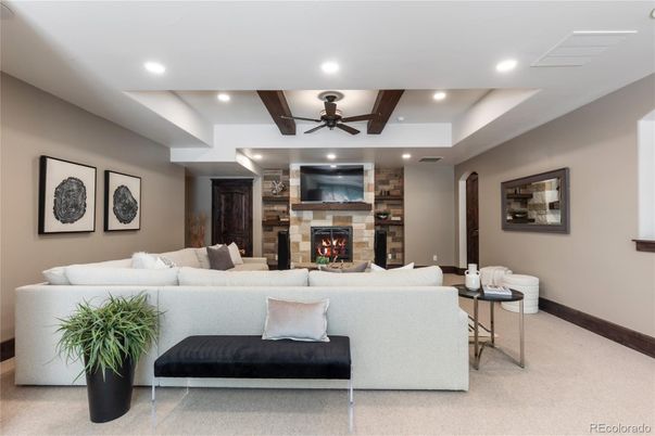 Fireplace, Interior, Living room, Recessed Lighting, Wooden Beams