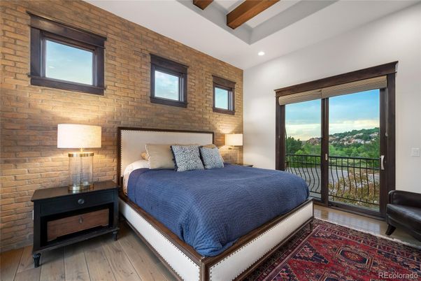 Bedroom, Interior, Recessed Lighting, Stone Walls, Wooden Beams, Wood Texture Flooring