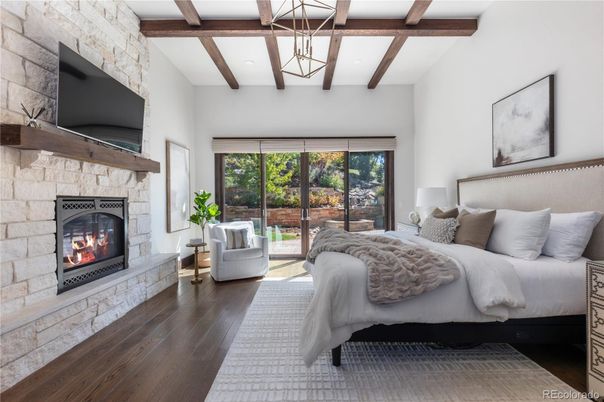 Bedroom, Fireplace, Interior, Recessed Lighting, Wooden Beams, Wood Texture Flooring
