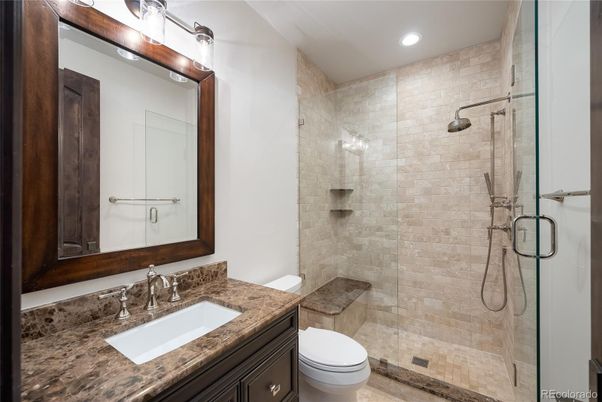 Bathroom, Glass Shower, Interior, Recessed Lighting, Stone Walls
