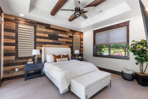 Bedroom, Interior, Recessed Lighting, Wooden Beams, Wooden Walls