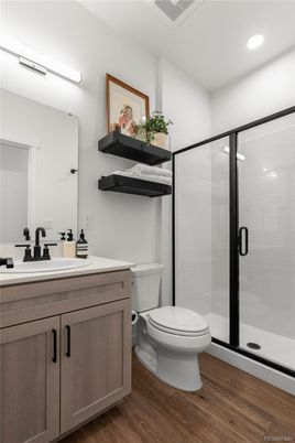 Bathroom, Glass Shower, Interior, Recessed Lighting, Wood Texture Flooring
