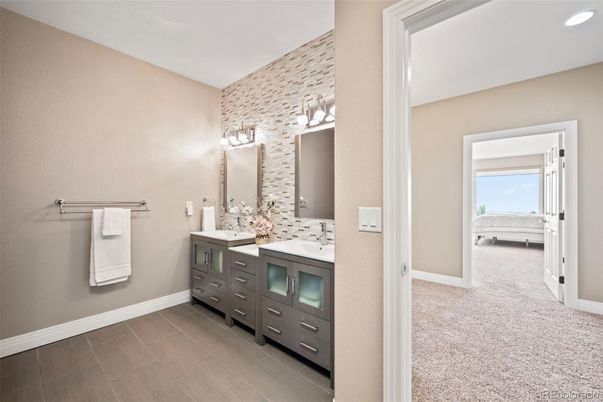 Bathroom, Dual Sink Vanities, Interior, Recessed Lighting, Wood Texture Flooring