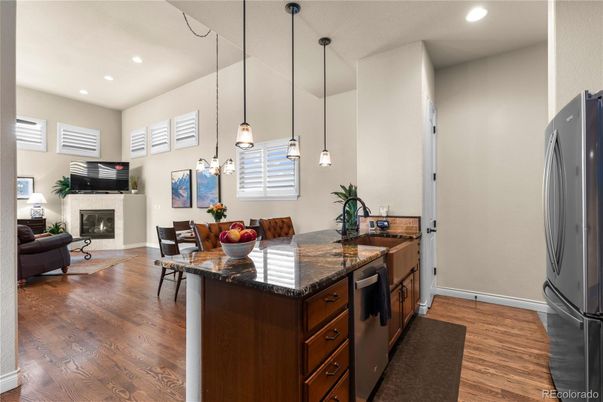 Dining room, Fireplace, Interior, Kitchen, Living room, Pendant Lights, Recessed Lighting, Wood Texture Flooring